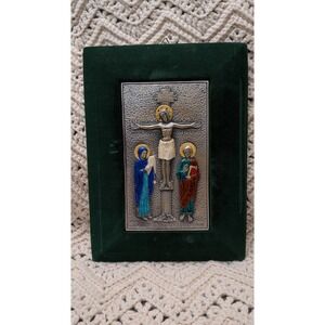 Ottaviani Italy 925 Sterling Silver Enamel Crucifixion Plaque Green Velvet Frame